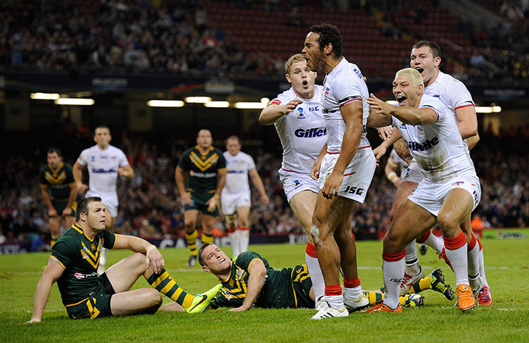 Rugby World Cup: Kallum Watkins celebrates scoring the 2nd England try