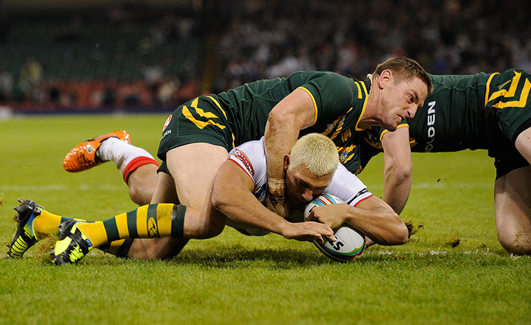 Rugby World Cup: Ryan Hall beats a tackle from Brent Tate to score the 1st try for England