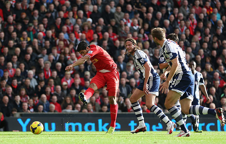 Premier League 2: Luis Suarez of Liverpool scores the opening goal against West Bromwich Albi