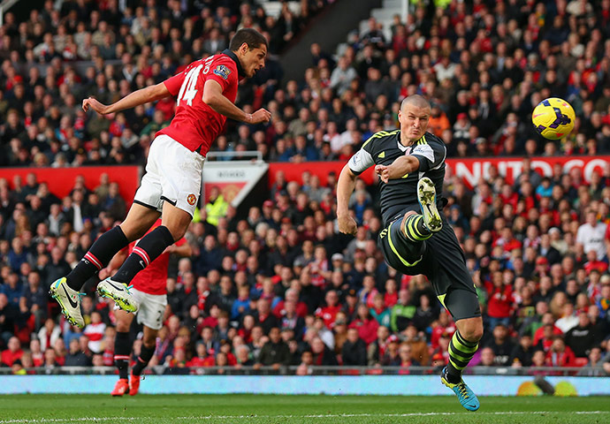 Premier 4: Javier Hernandez of Manchester United scores the winning goal against Stoke