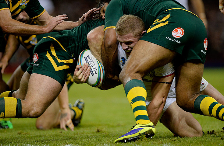 Rugby World Cup 4: George Burgess of England just fails to touch down for a try