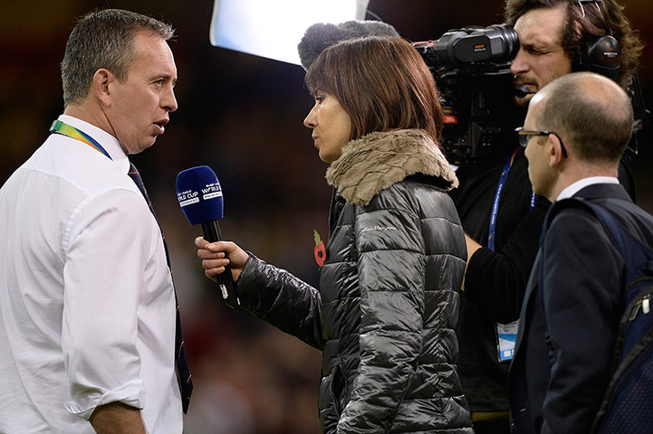 Rugby World Cup 4: England coach Steve McNamarara interviewed after the match