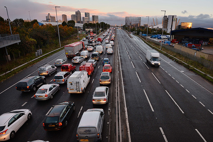 Storm damage: Traffic queues on a main road into London