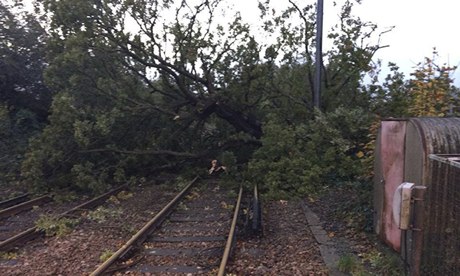 Fallen trees block a railway line at Keymer, West Sussex