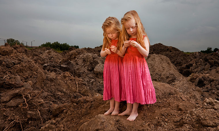 Big Pic - Red Hair: two girls with red hair and pink dresses in dirt landscape