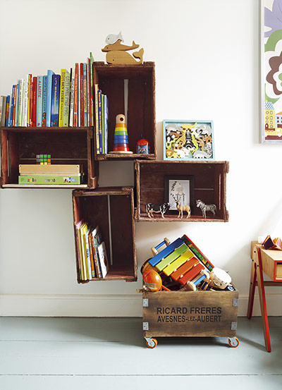 homes - kids: wooden bookshelf on wall in child's roomset