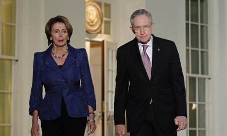 Nancy Pelosi and Harry Reid leave the West Wing of the White House after congressional leaders met Barack Obama.