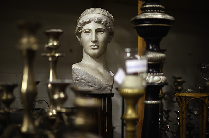 National Theatre props: A bust sits on a shelf. The Costume and Props Hire department in Kennington