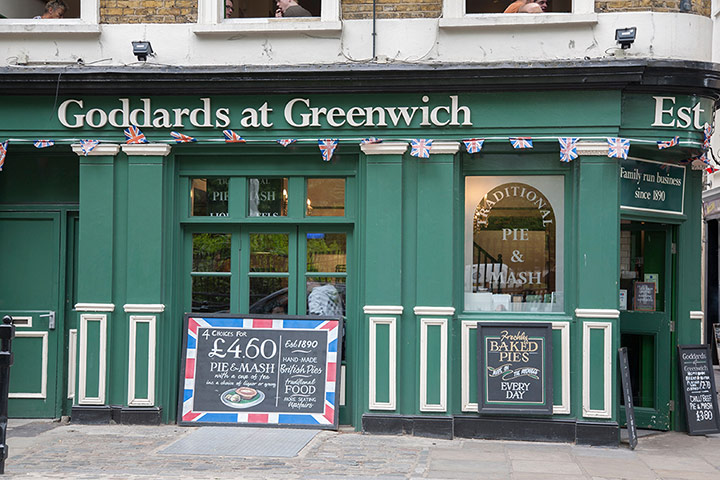 Pie and Mash Shops: Goddards at Greenwich Pie and Mash Restaurant; London; England; UK