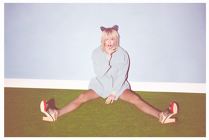 Fashion Shoot Colour: turquoise jacket red beige black high heeled shoes