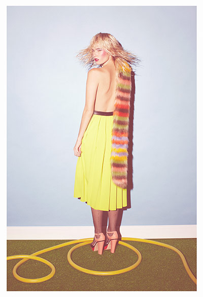 Fashion Shoot Colour: yellow pleated skirt faux fur multi coloured scarf high heeled shoes