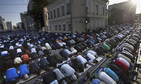 Muslim men praying in Moscow in 2012