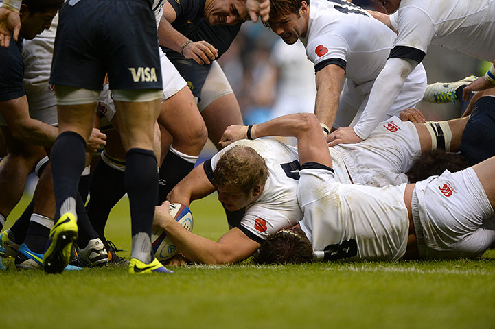 England v Argentina: Joe Launchbury grounds the ball for England's opening try
