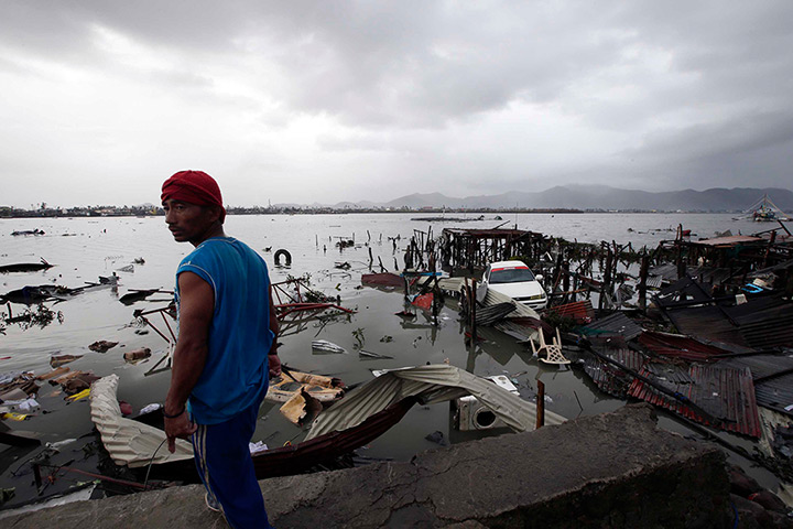 Typhoon hits Tacloban: a man looks at damaged structures 