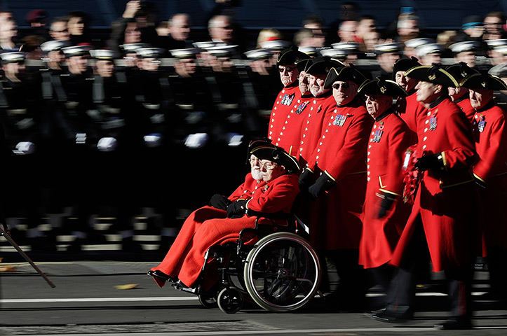 Remembrance Sunday: Chelsea pensioners make their way past the Cenotaph