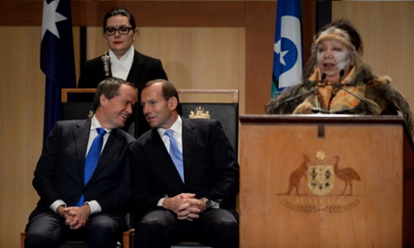 Tony Abbott and Bill Shorten attend the Welcome to Country ceremony at Parliament House in Canberra.