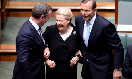 Former speakers lost their heads, you know. Brownie Bishop is dragged to the speakers chair by Abbott (left) and the Leader of the House Christopher Pyne.