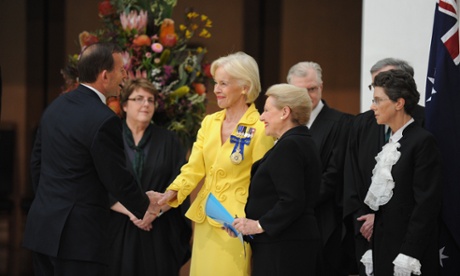 Tony Abbott greets the Governor-General, Quentin Bryce and the new Speaker Bronwyn Bishop at Parliament House ahead of the GG's speech.