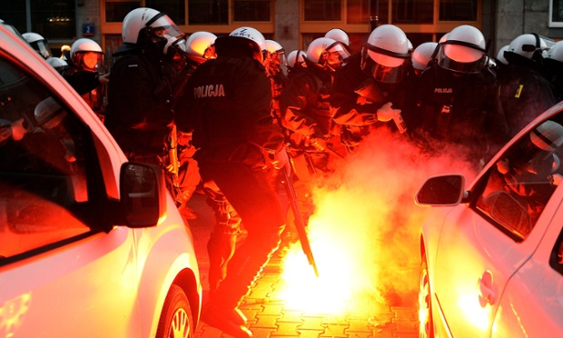 This picture taken last night shows police in clashes with far-right protesters during their annual march, which coincides with Poland's national Independence Day in Warsaw.
