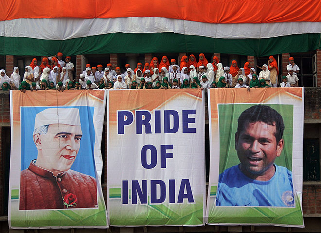 Tendulkar's last hurrah: Banner of Sachin Tendulkar and Jawaharlal Nehru