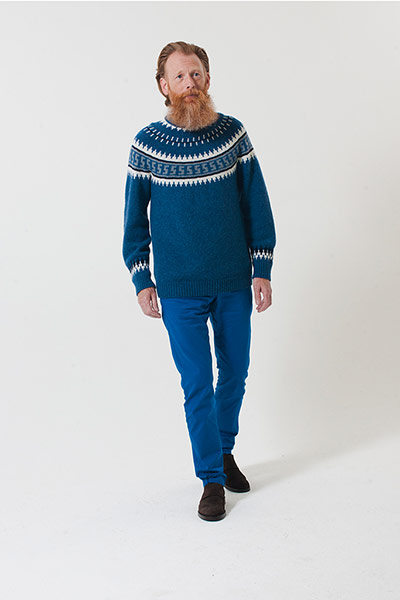 All Ages: blue jumper for men white pattern around neck