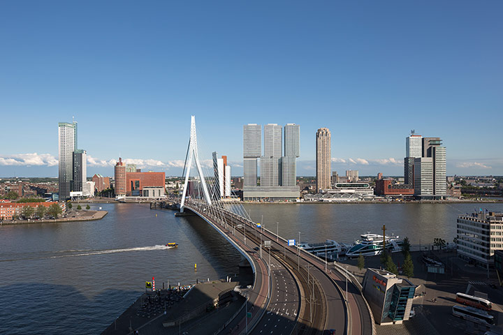 De Rotterdam building: a view across the Erasmus bridge over the River Maas from central Rotterdam