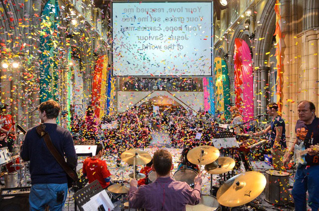 Church congregations: confetti falling on band