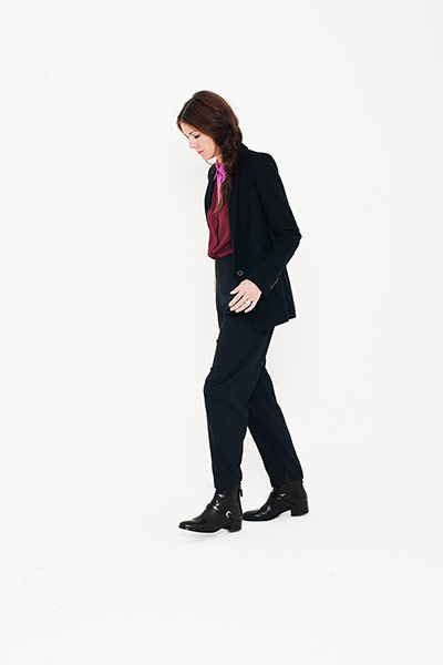 All Ages: black jacket trousers purple silk blouse black boots
