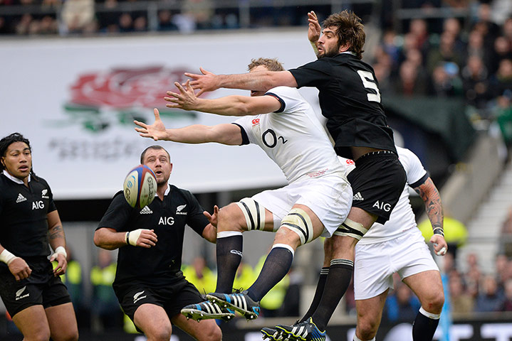 England v All Blacks: Whitelock and Launchbury compete for high ball