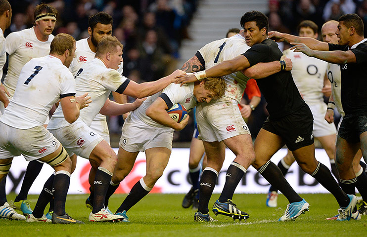 England v New Zealand: Billy Twelvetrees drives forward 