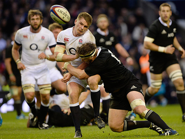 England v New Zealand: Owen Farrell is hammered by Luke Romano 