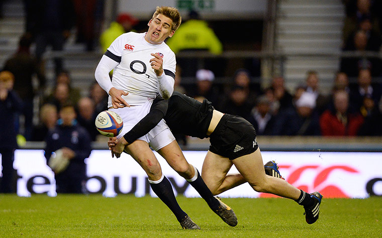 England v New Zealand: Toby Flood is hammered by Tawera Kerr-Barlow 