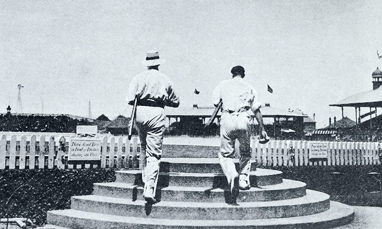 Ashes down under: England captain Pelham Warner,left, and Tom Hayward walk out to bat 