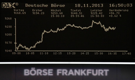 The curve of the German share price index DAX board, is pictured at the Frankfurt stock exchange November 18, 2013.