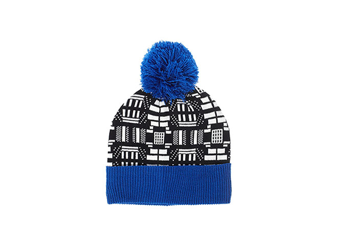 Winter hats: Winter hats - monochrome geo print beanie with blue pom pom by asos