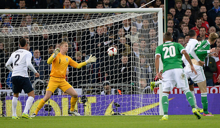 England and germany: Joe Hart saves a header 