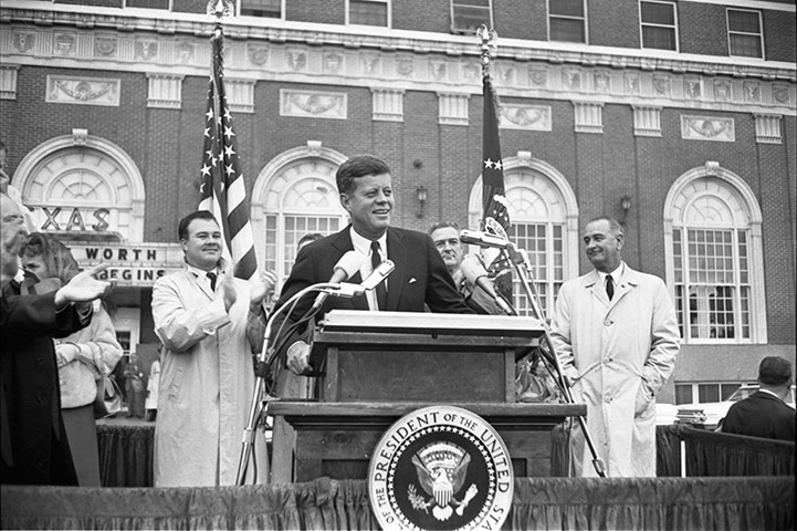 JFK Art: President Kennedy speaks to the crowd outside the Hotel Texas