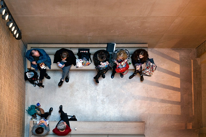 Your Pictures - Snack: overhead shot of people eating on benches