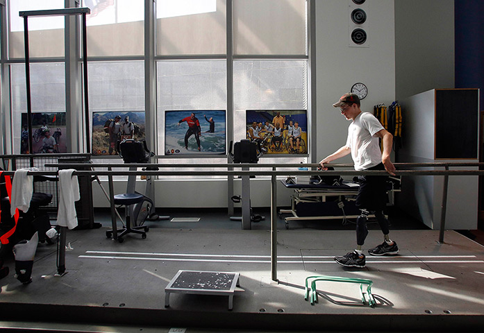 Sgt Matt Krumwiede: Krumwiede practices walking at the Center for the Intrepid at Brooke Army M