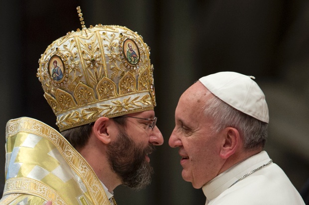 Head to head: a wonderful picture of symmetry as Pope Francis meets Sviatoslav Shevchuk, Major Archbishop of the Ukrainian Greek Catholic Church at the Vatican Basilica, in St Peter's, Rome.
