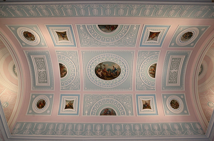 The decorated ceiling in the library