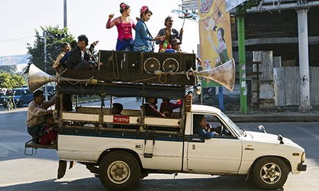 Van with public-address system, 80th Street, Mandalay, Myanmar, Asia
