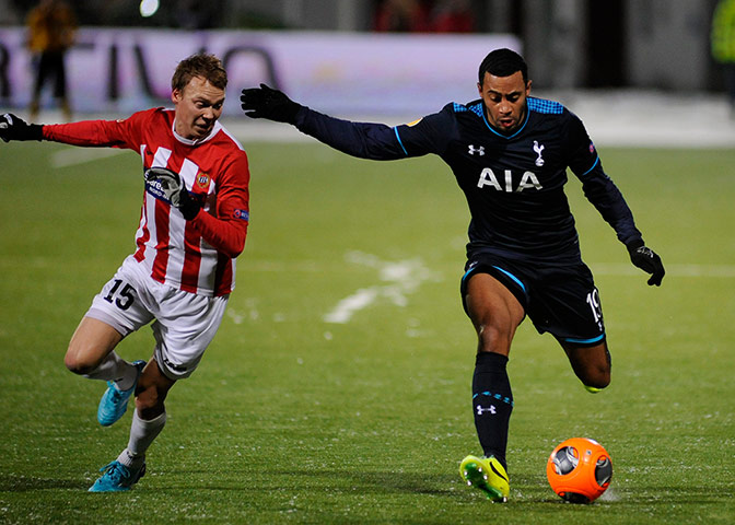spurs: Tromsoe's Magnus Andersen vies with Tottenham's Mousa Dembele 