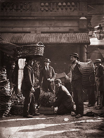 Street Life in London: Porters with boxes of plants at Covent Garden market 
