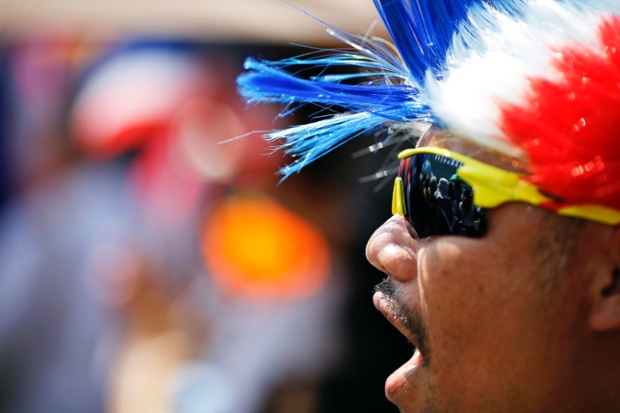 A protestor in front of the Grand Palace in central Bangkok. 