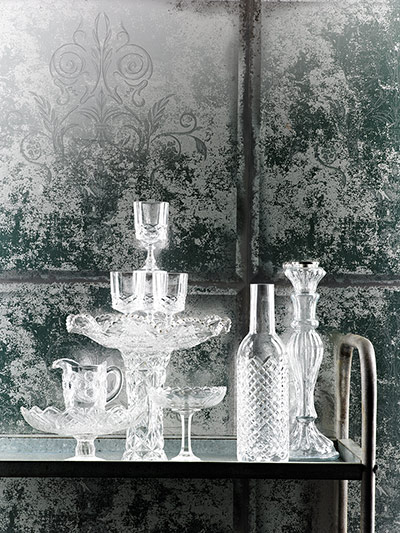 Homes - Vintage: collection of glassware against metallic background