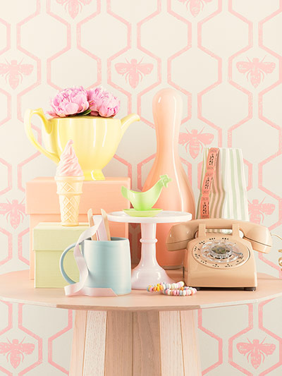 Homes - Vintage: collection of pastel homewares against pink wallpaper