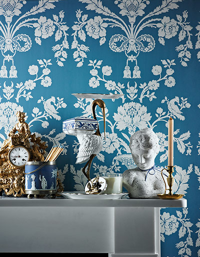 Homes - Vintage: collection of home accessories against blue and white wallpaper