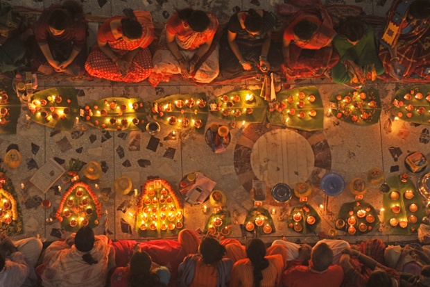 A birds-eye view of Hindus gathered to pray at Shoamibag celebrating the festival Rakher Upabash, in Dhaka, Bangladesh.