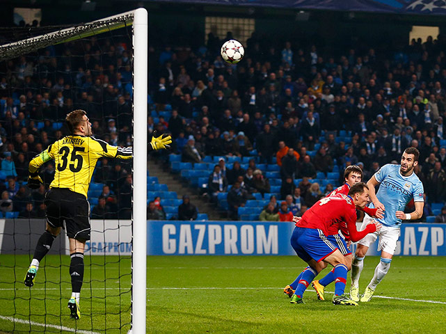 City v CSKA: Manchester City's Negredo heads to score